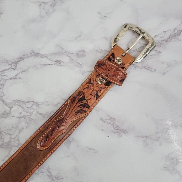 Tony Lama Brown Leather Floral Tooled Belt with Silver Buckle Top Hand - Picture 8 of 16